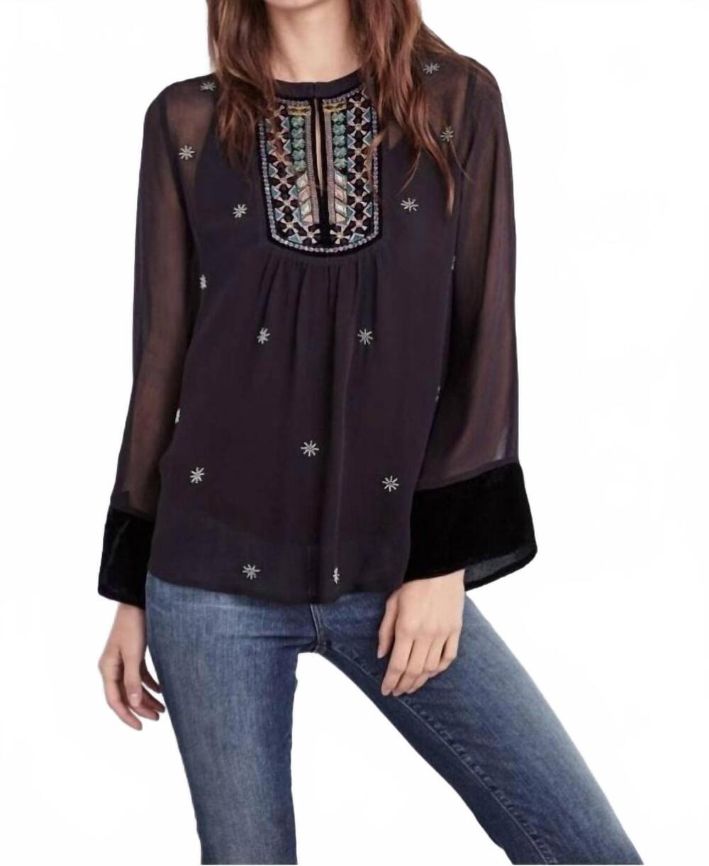 NEW VELVET BY GRAHAM & SPENCER becky beaded long sleeve silk top in black